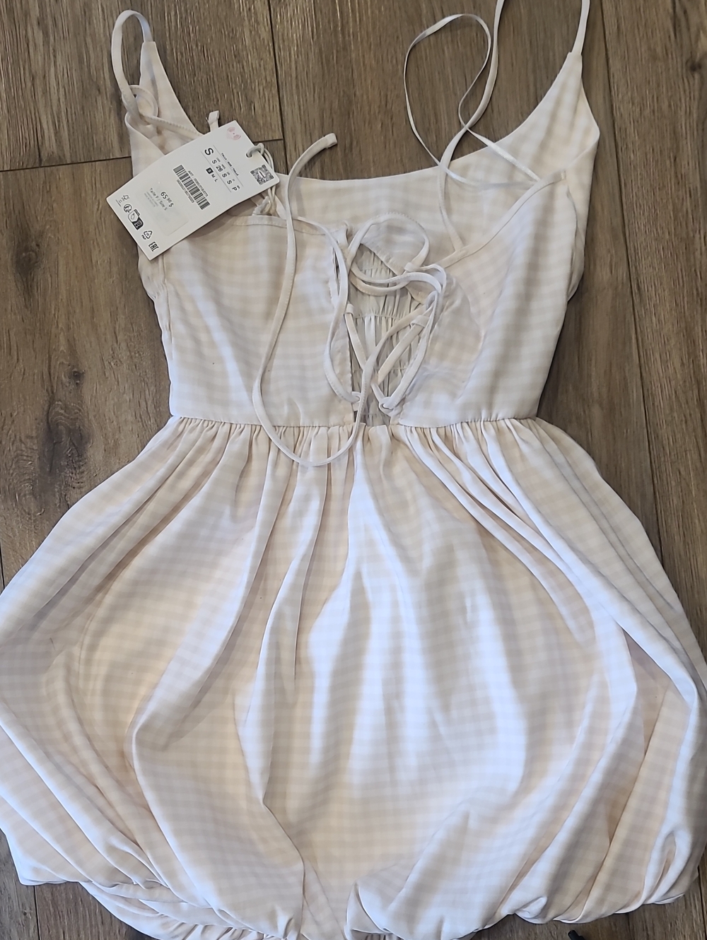 Zara Cream Gingham Smocked Corset Bubble Puffball Dress NWT S - Picture 8 of 9